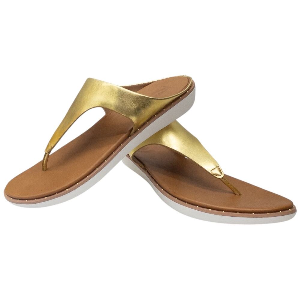 Fitflop Banda II Gold Metallic Leather Thong Sandals Women's 8 Beaded Toe Post